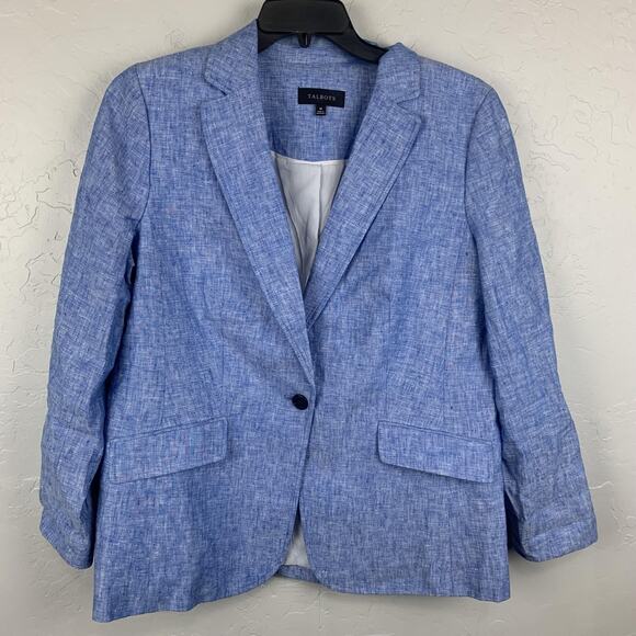 Talbots Blazer Womens 16 Blue Linen One Button Notch Lapel Lined Office Work - Picture 1 of 7
